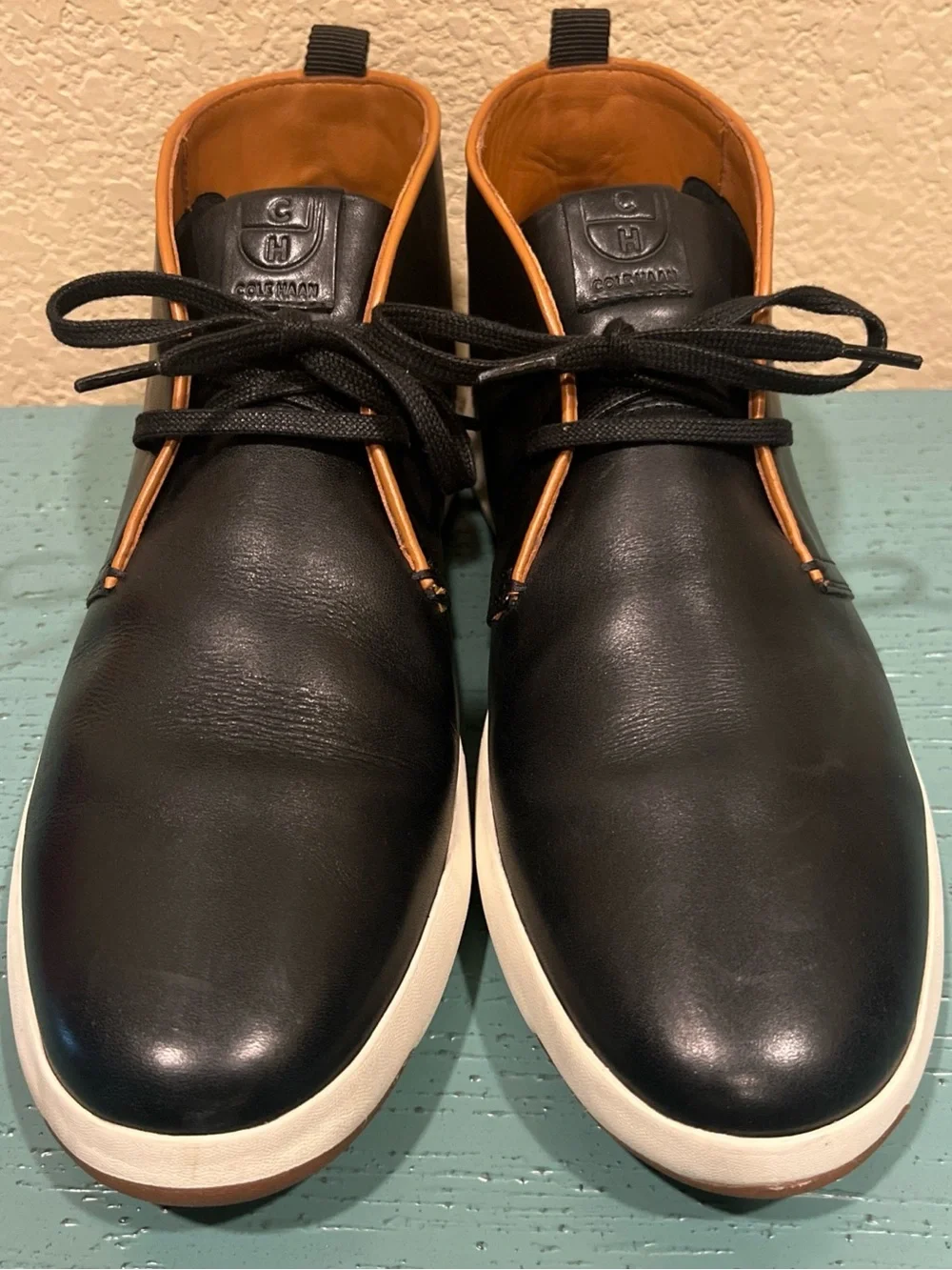 Cole Haan Black Leather Chukka Boots with White Sole and Tan Trim